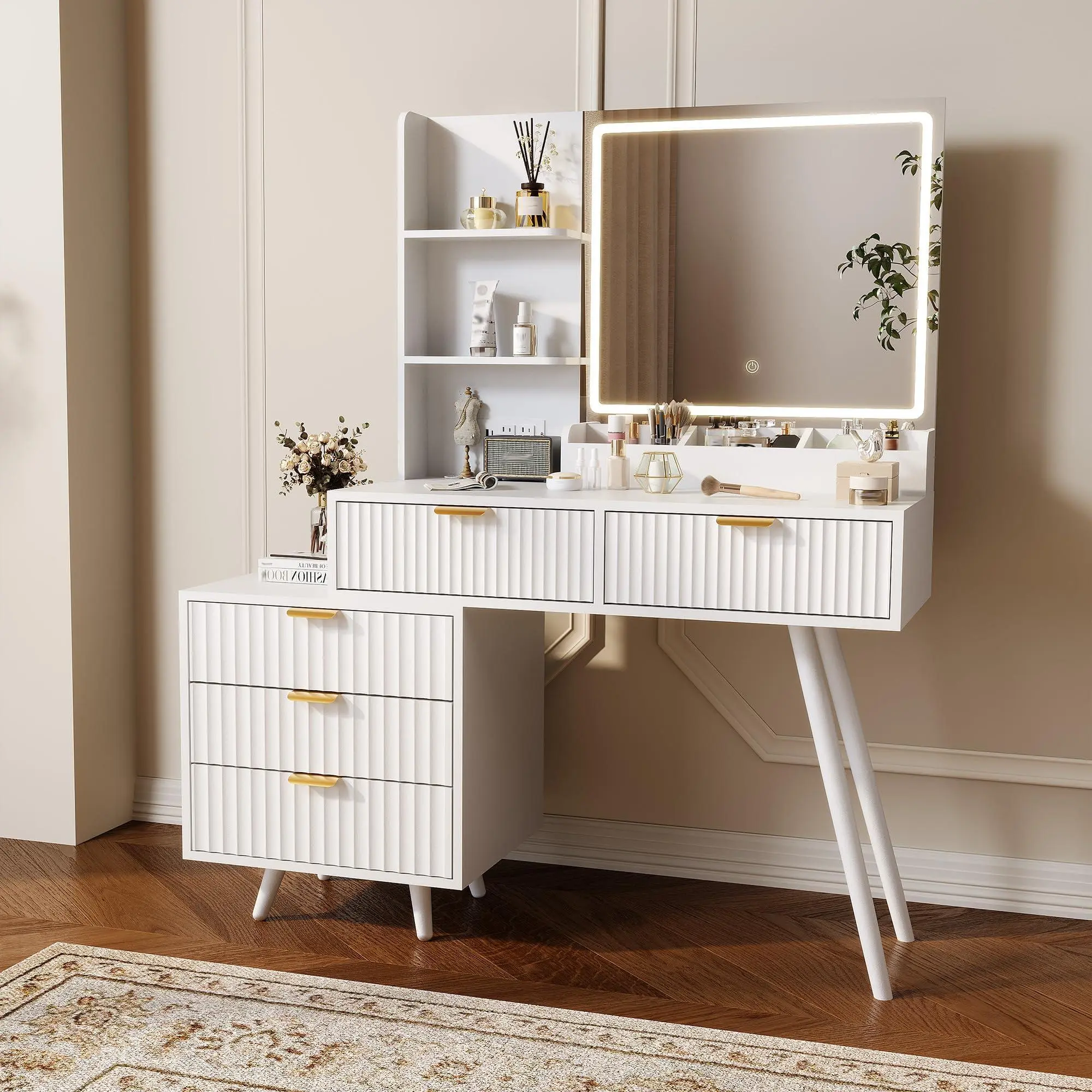 Lighted Makeup Vanity Desk with Mirror, 5 Drawers, Power Outlet, Storage Shelves, Wave Panel Design, 3-Color LED - Elegant Bedroom Furniture - White