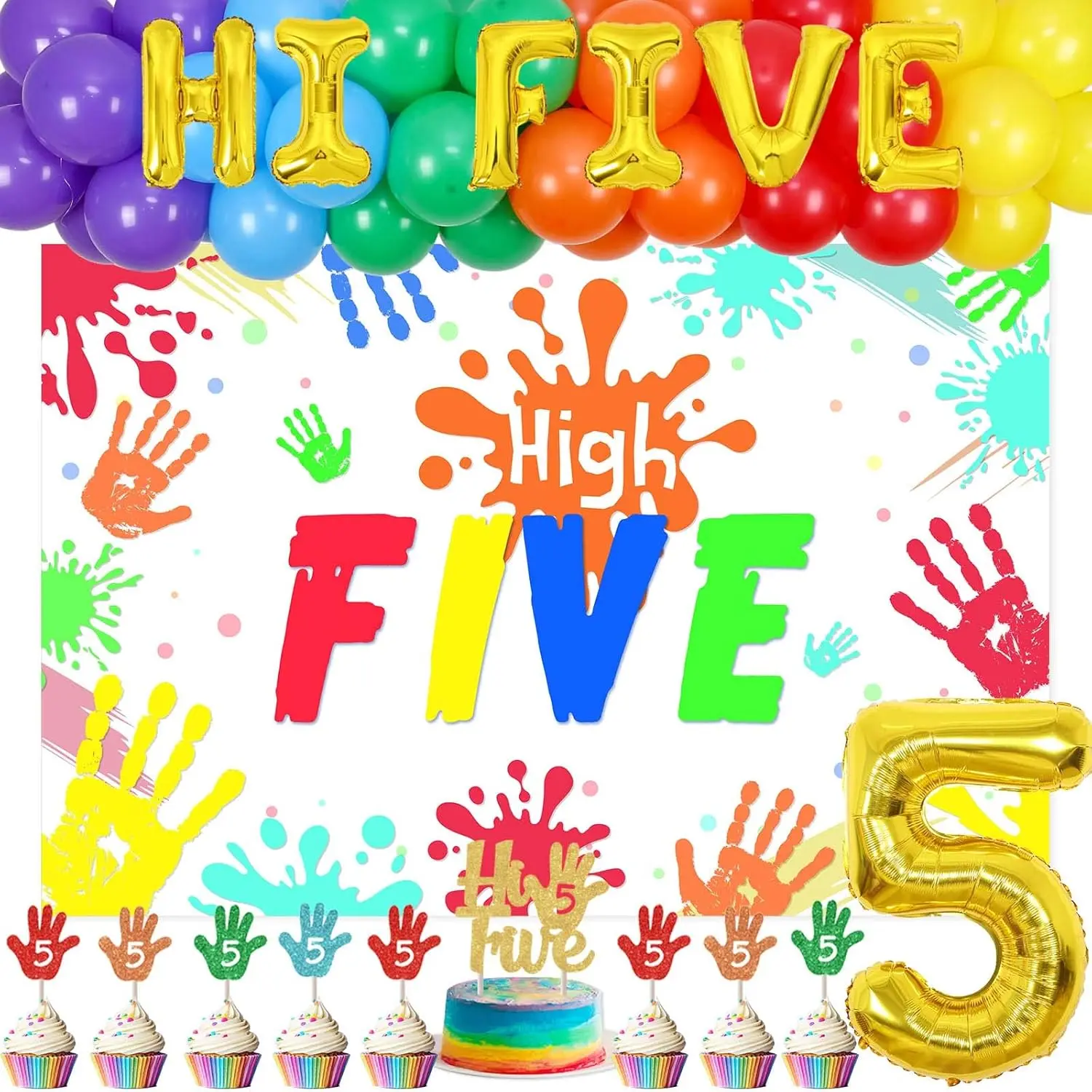 Hi Five 5th Birthday DecorationsRainbow Balloons with Backdrop and Cake Toppers for Kids