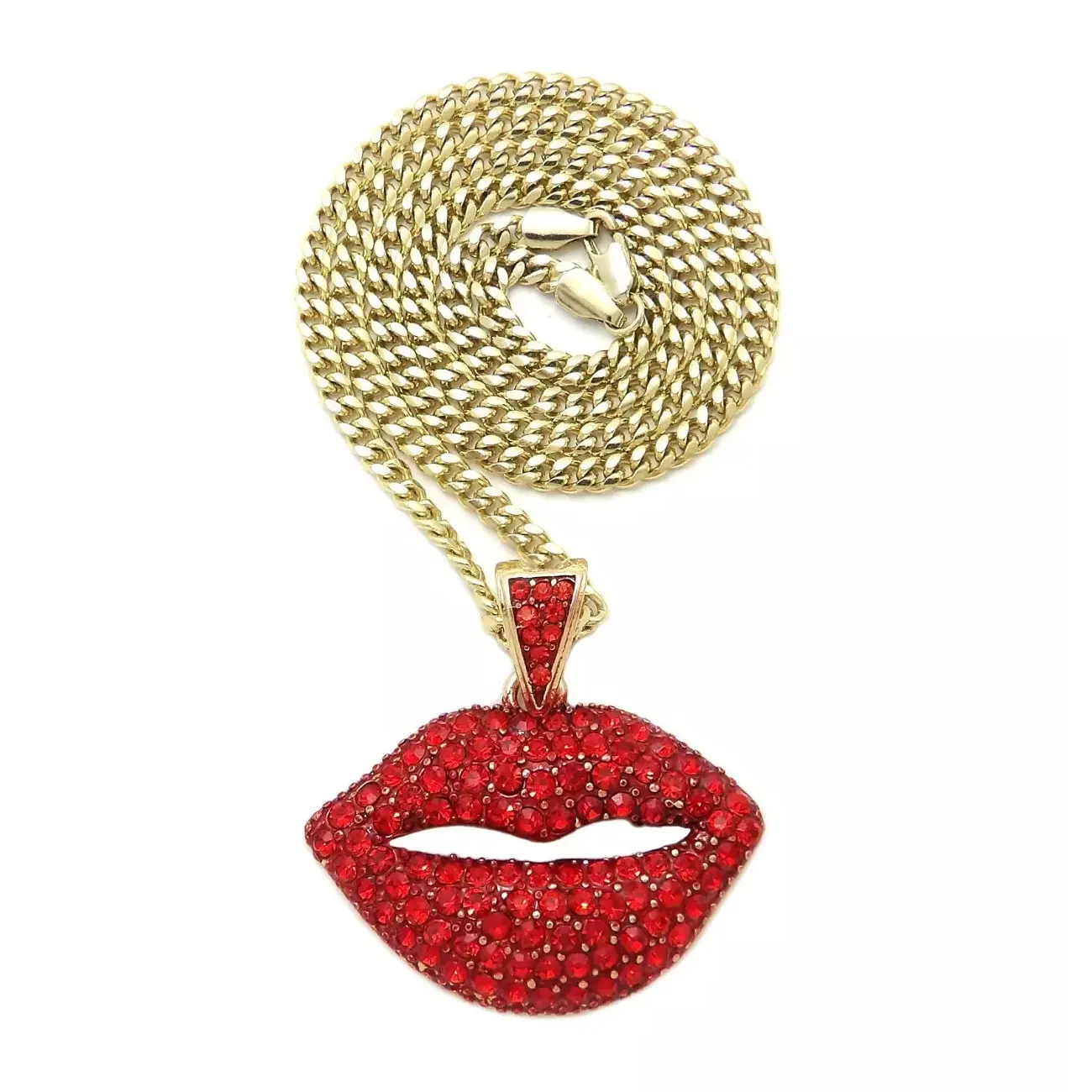 MaxBling81 Women's Hip Hop Red Stone Lips Pendant Chain Link Necklace, 18-24" Multi-Size Cuban Chain, Unisex Fashion Costume Jewelry Accessory, Chain Link Necklaces