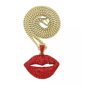 MaxBling81 Women's Hip Hop Red Stone Lips Pendant Chain Link Necklace, 18-24" Multi-Size Cuban Chain, Unisex Fashion Costume Jewelry Accessory, Chain Link Necklaces