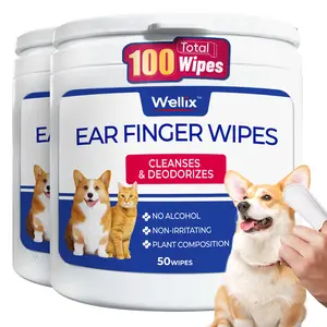 Wellix Ear Finger Wipes for Dogs & Cats Chamomile & Silver Ion 100Ct Odor & Earwax Remover Gentle Daily Care for Healthy Ears Grooming