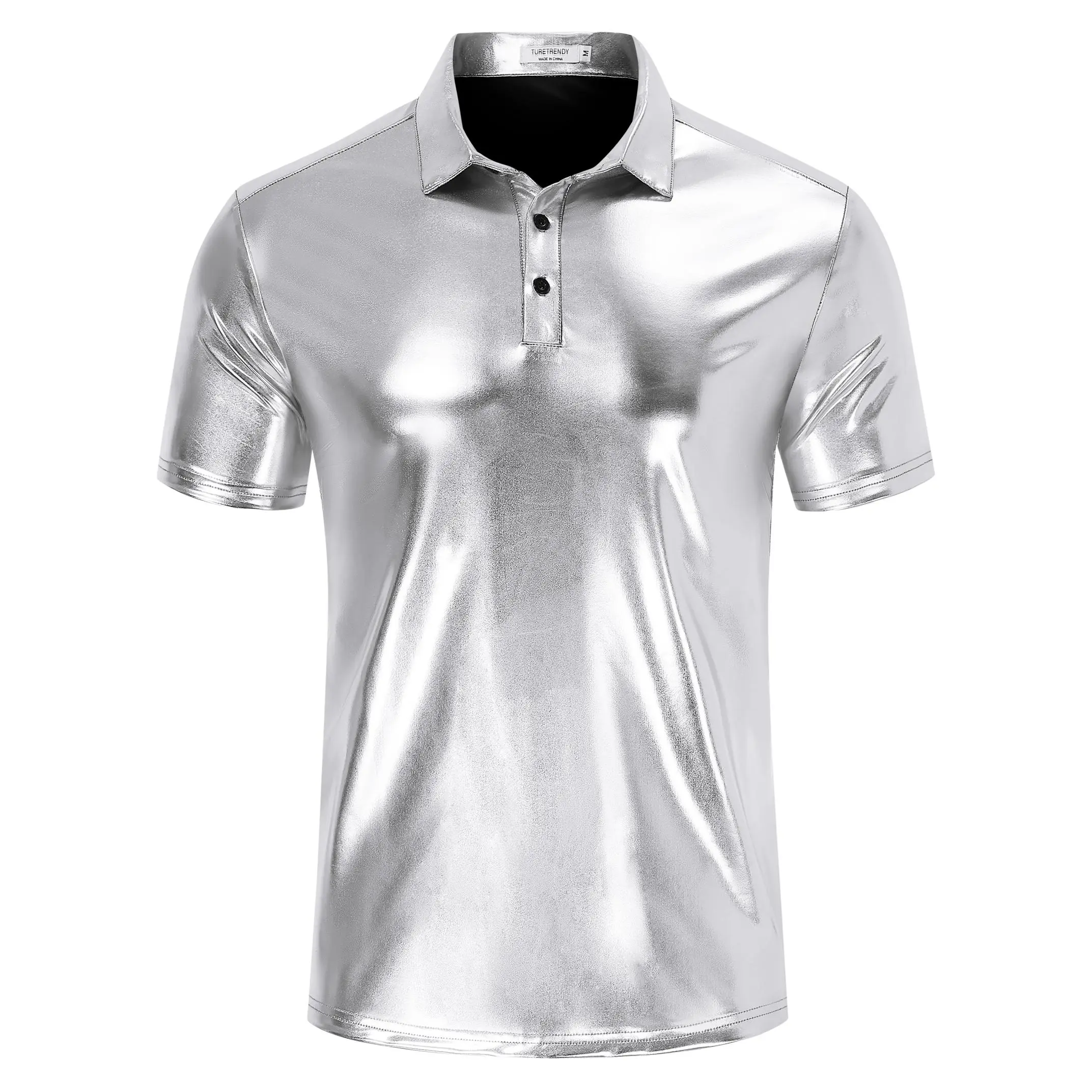 Men's Metallic Silver Short Sleeve Polo Shirt, Shiny Party Nightclub Disco Top men patterned poloshirts