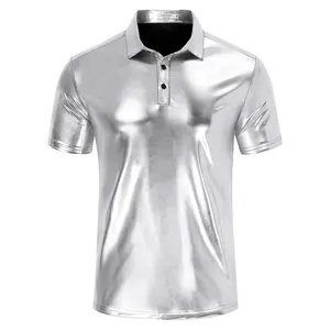 Men's Metallic Silver Short Sleeve Polo Shirt, Shiny Party Nightclub Disco Top men patterned poloshirts