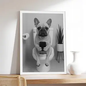 French Bulldog on Toilet _ Fawn Frenchie Trendy Dog,Pet & Animal Canvas Print, Minimalist & Neutral-Style Poster, Bedroom Aesthetic Wall Decor. Cute Artwork Decoration