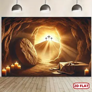 1pc 2D Flat Spiritual Resurrection Scene Polyester Backdrop Banner - Golden Sunrise with Cross, Candles, and Draped Cloth - Ideal for Photography, Indoor/Outdoor Decor, Parties, and Live Events - Easy to Hang