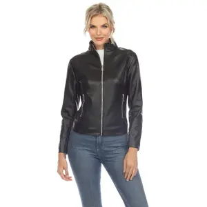 212 MAIN Women's Long Sleeve Casual Style Fitted Classic Biker Faux Leather Jacket - Black, Medium, Statement Piece, Women's Tops & Jackets