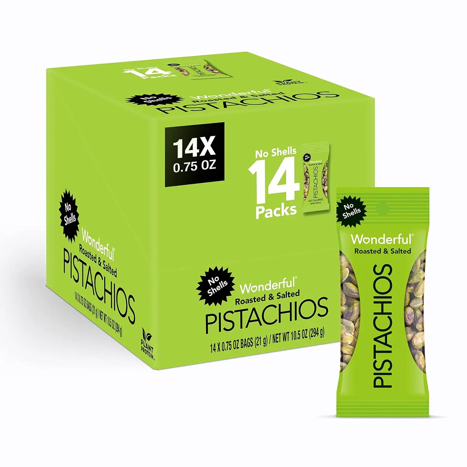 Wonderful Roasted & Salted Pistachios 14 Packs No Shells 0.75 Oz Each 14X 10.5 Oz Total