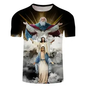 Men's 3D Jesus Christ & Virgin Mary Religious T-Shirt - Heavyweight Polyester-Spandex Blend, Crew Neck Casual Christian Apparel with Jesus Christ & Virgin Mary 3D Print, Machine Washable All-Season Comfort Fit for Church Events & Casual Attire