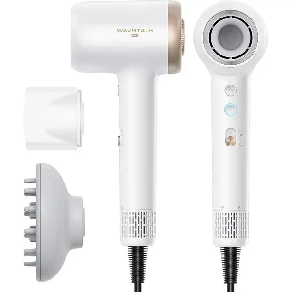 Wavytalk Turblow Pro Fast Drying Hair Dryer with Diffuser | 110k RPM Fast Dry | 2 Attachments for All Hair Types | Ions Reduce Frizz & Damage, Boost Shine | 3 Speeds & 3 Temps (White)
