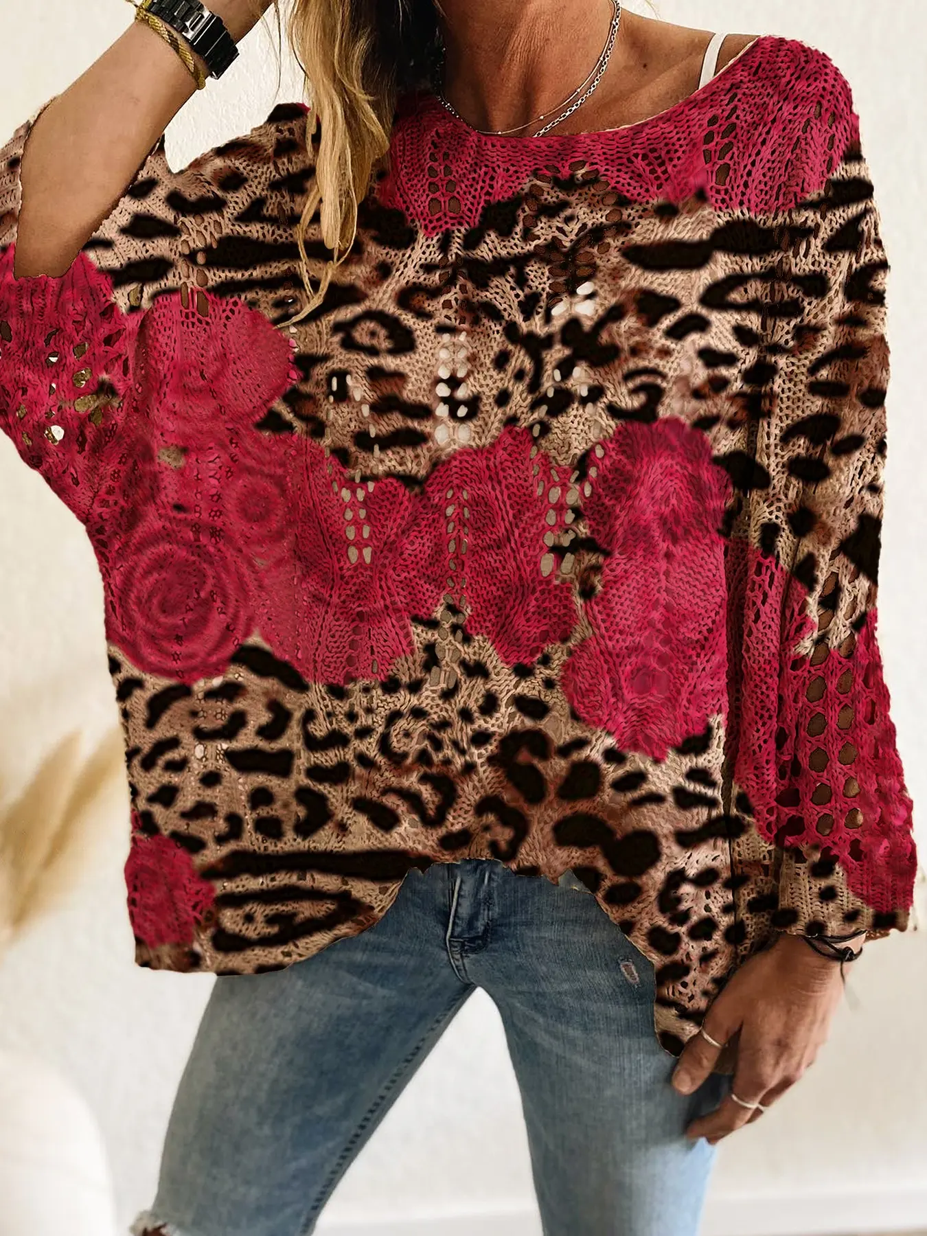 Women's V Neck Hollow Out Batwing Sleeve Knit Top Lightweight Knitting, Rose Leopard Print Floral Long Sleeve Fashion Sweater, Casual Elegant Vacation Knitwear, Fit