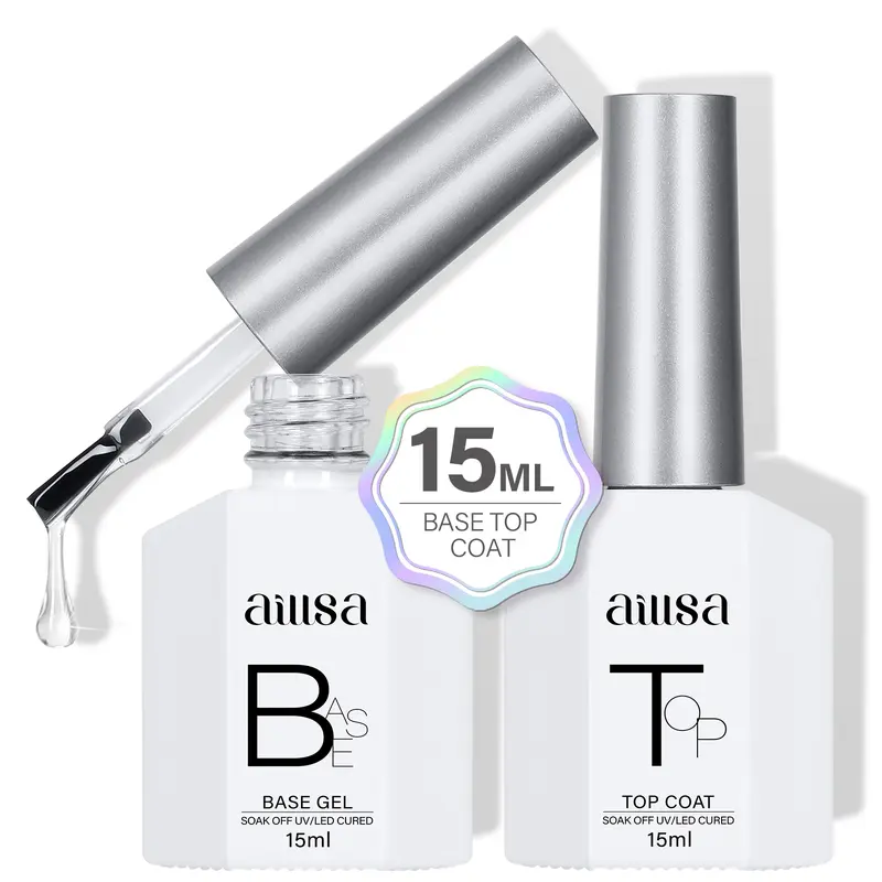 AILLSA Gel Top Coat And Base Coat Gel Nail Polish, 2 x 15 ML Base and Top Coat Gel polish UV/LED Soak Off, Gel Base Coat, No Wipe Top Coat for Builder Gel, Gel Polish, for beginer DIY Nail Art at Home, for clear false nail tips and clear press on nails