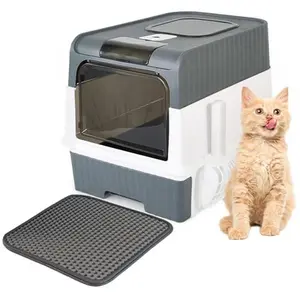 Cat Litter Box with Litter Mat, 18"x14"x13" Large Litter Box for Big Cats, Enclosed Removable Litter Boxs, Front Entry Top Exit Kitty Box, Odor Control, Easy to Clean (Grey)