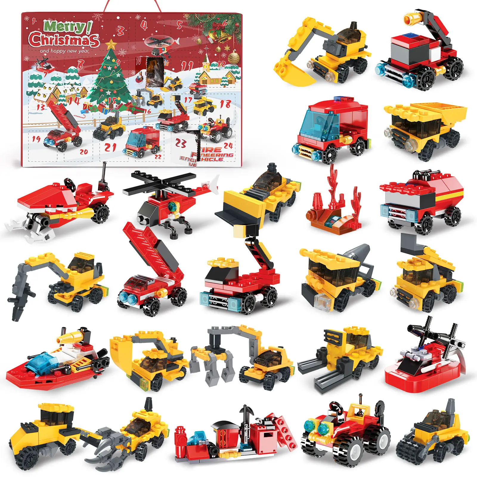 24 Days Christmas Advent Calendar Fire Truck & Construction Transportation Vehicle Building Blocks Playset, High-Quality ABS Creative Building Set for Kids Boys, 24 Toy Vehicle Building Blocks