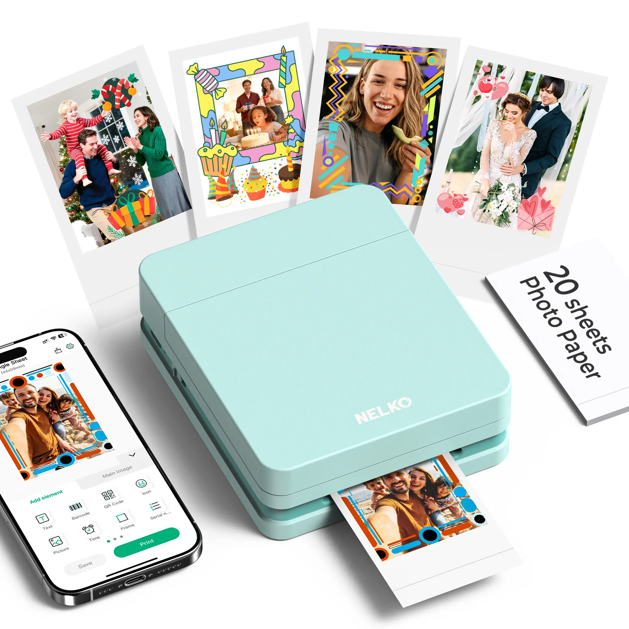 Nelko PP01 Pocket Instant Inkjet Smartphone Photo Printer, Wireless Portable Mini Compact Printer with 20 Photo Papers, Bluetooth-Compatible for iOS/Android Devices, Ideal Valentine's Day Fun Gifts for Outdoor Use, Fathersdaygift, summerwins