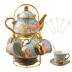 20 Pcs European Porcelain Tea Set with Metal Stand, Vintage Floral Tea Cups & Saucers, Gold-Plated Flower Design – Serves 6, Elegant Tea Set for Adults & Women, Perfect for Parties (Blue)