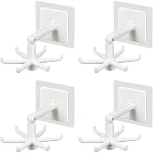 4pcs Hanging Utensil Holder Hooks Kitchen Utensil Hanger Wall Mount 360 Degrees Rotating Folding Hook Self Adhesive Hook Utensil Rack with 6 Hooks for Kitchen Bathroom Cabinet