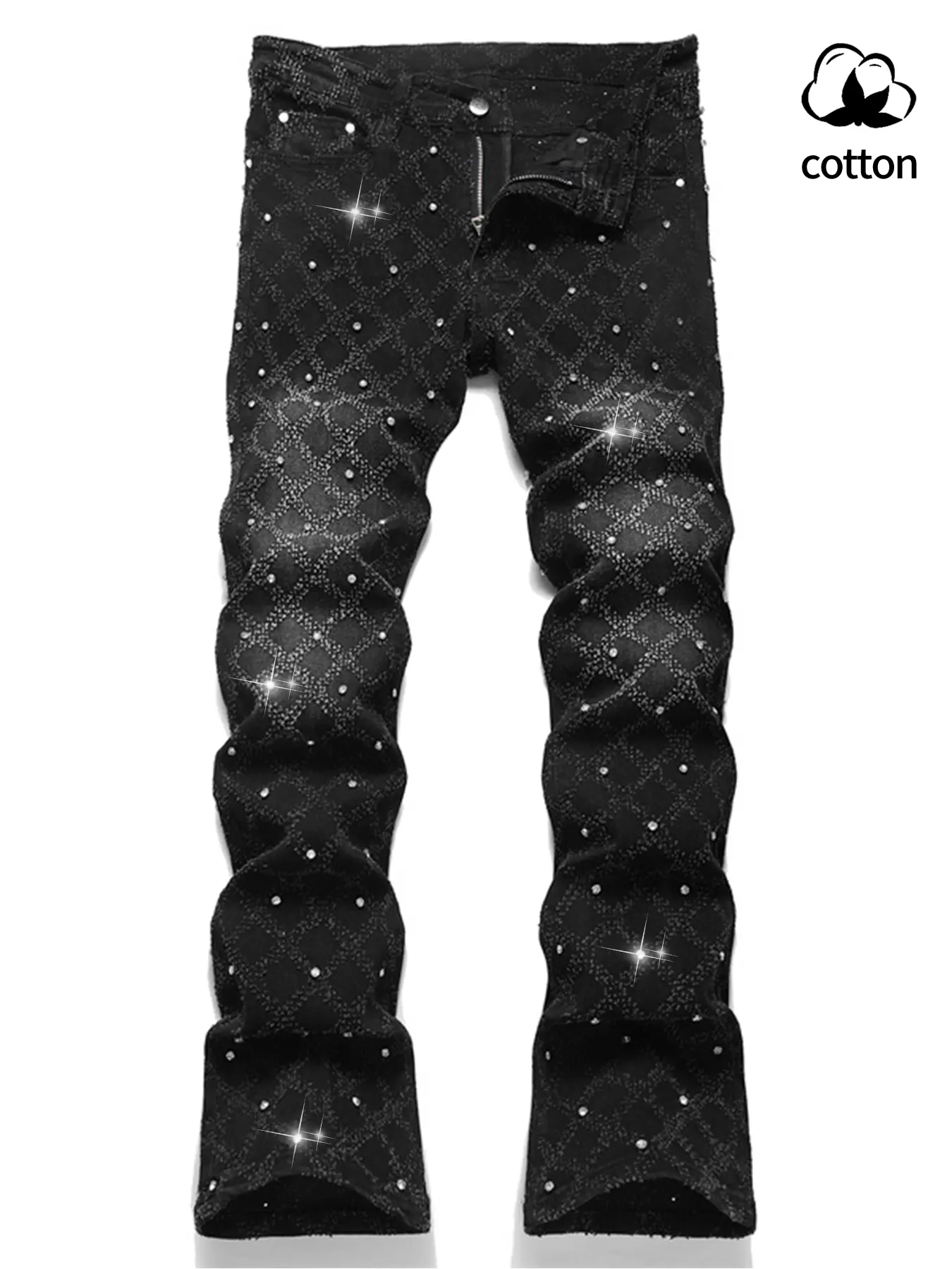 Slim-fit rhinestone embellished jeans  casual fashion denim relaxed jeans Menswear Trouser Pants Streetwear Black skinny jeans bootcut jeans men