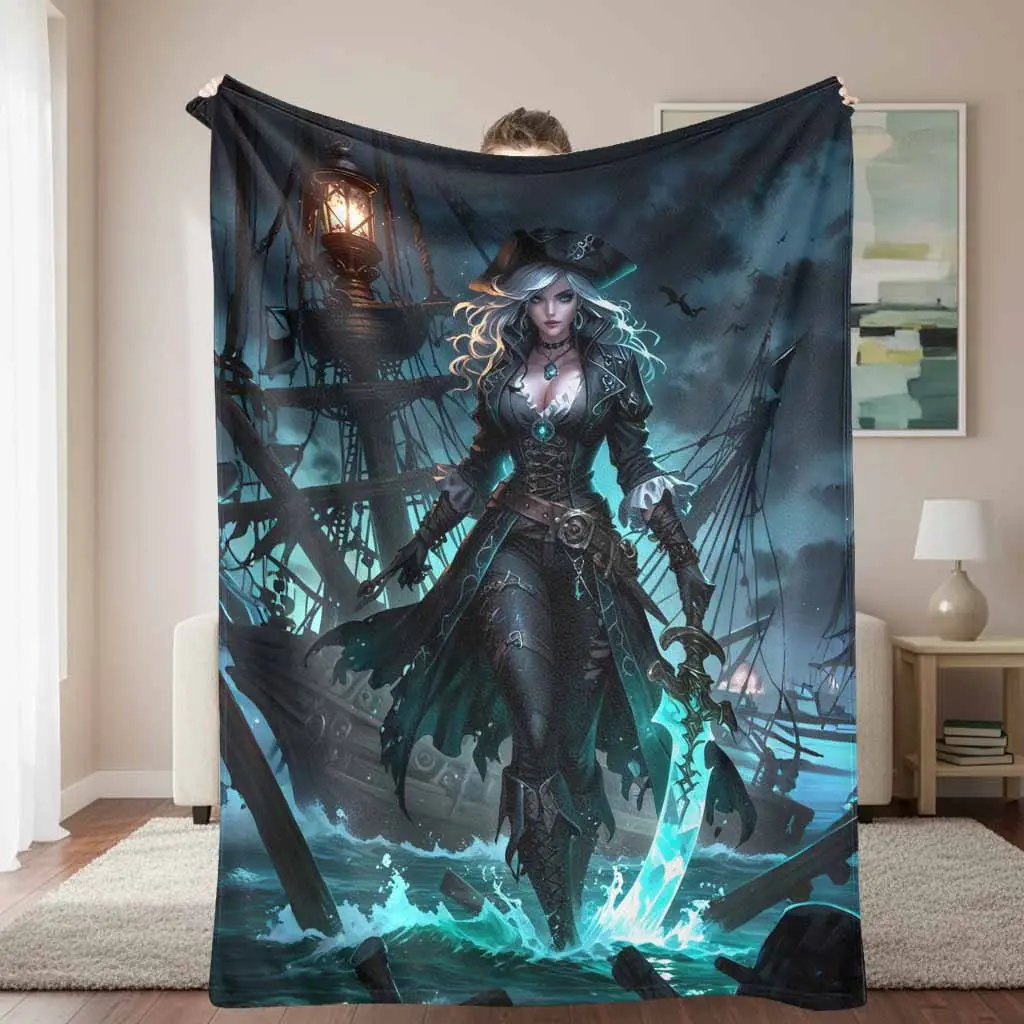 Pirate Captain Inspired Nautical Flannel Blanket - Pirates-Themed Elegant Sea Bandit Print, Ultra-Soft, Lightweight, Warm, Breathable, Durable, Anti-Pilling, Wrinkle-Resistant, Ideal for Adults' Home, Travel, Cosplay Use