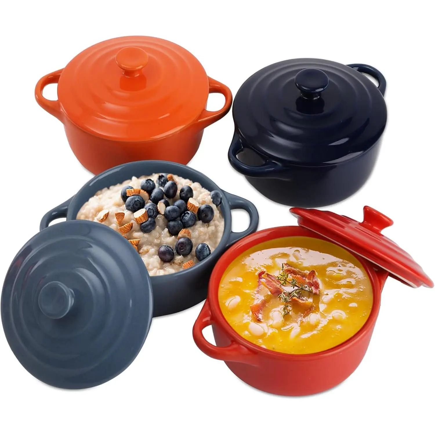 4 Pack Porcelain Ramekins with Lid, 8 oz Small Cocotte Casserole Dishes with Lids and Handles, Individual Servings Souffle Creme Brulee Dishes for Baking, Oven Safe, 4 Colors
