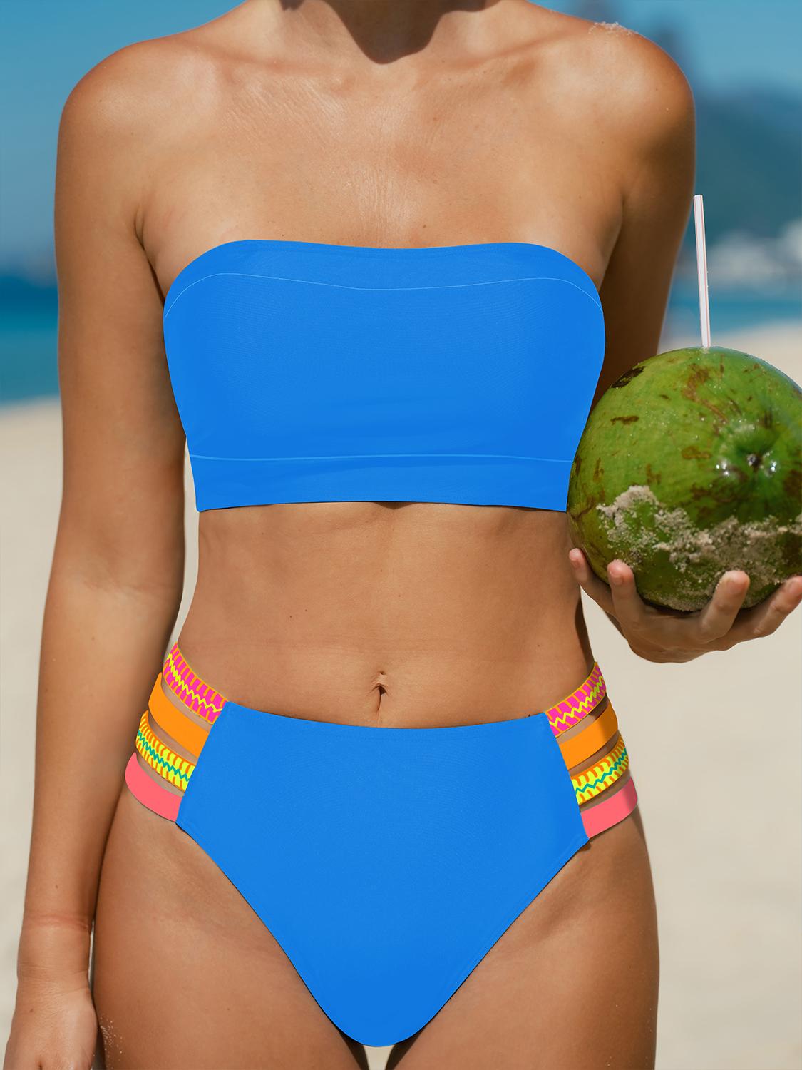 Popvil Bandeau Colorful Strechy Straps Bikini Set, High Waisted Bikini Bottom, Swimsuit with Removable Strap, Neon Bathing Suit