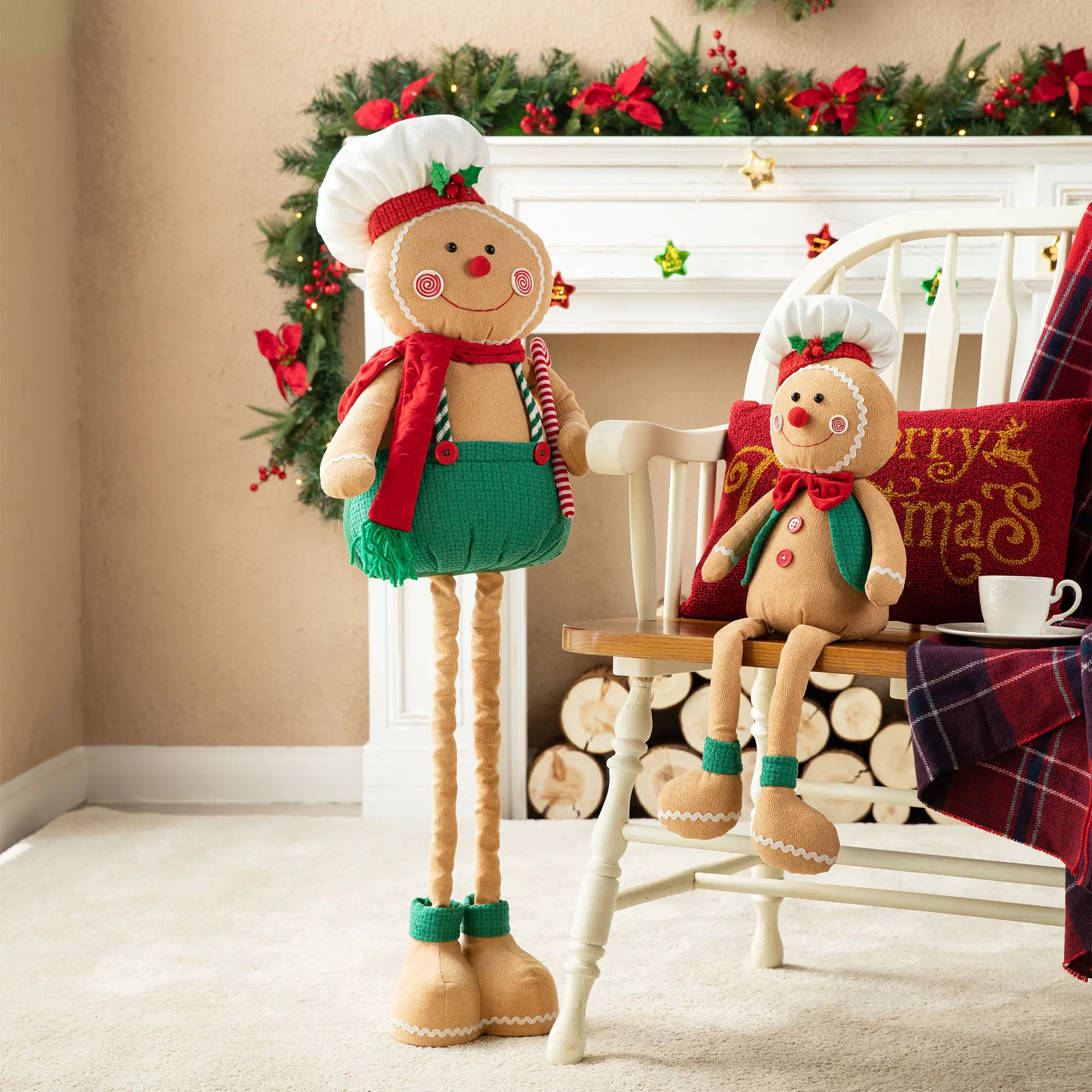 Glitzhome 39"/26"H Telescoped Fabric Christmas Gingerbreadman Standing Decor