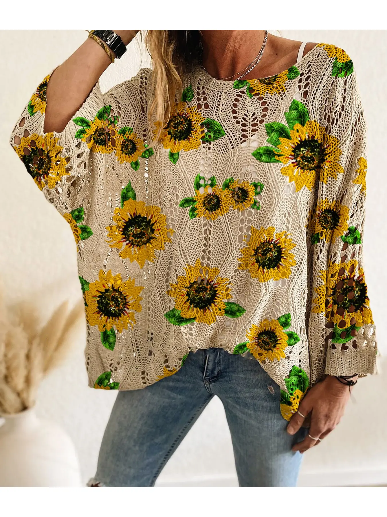 Spring & Summer off-shoulder diamond cutout batwing drop-shoulder loose Oversized knit top Knitwear Womenswear. Contrast floral print, long sleeve, vacation & casual commute style. Cover-up for vests and bikinis.