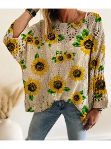 Spring & Summer off-shoulder diamond cutout batwing drop-shoulder loose Oversized knit top Knitwear Womenswear. Contrast floral print, long sleeve, vacation & casual commute style. Cover-up for vests and bikinis.