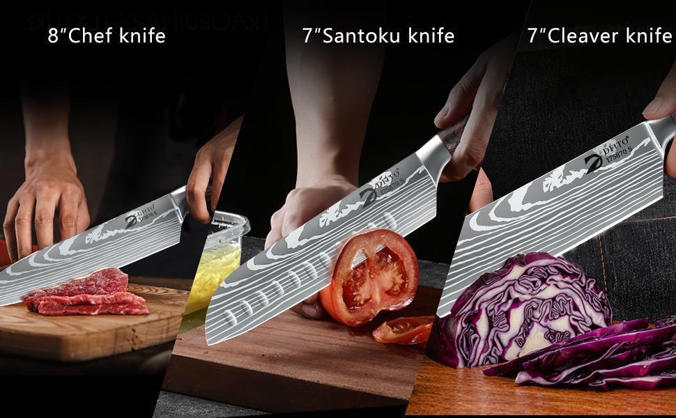 9Pcs Kitchen Knives Set with Roll Bag, Stainless Steel Japanese Damascus Pattern Chef Knife with Knife Sharpener,  Professional Chef Tool,Perfect Christmas & New Year Gift ldea