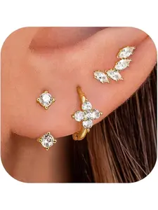 3 Pairs Earrings for Women 14K Gold Stud Huggie Small Hoop Earrings Zirconia Dainty Gold Earrings Stacks Hypoallergenic Cartilage Earrings Set for Multiple Piercings Earring Stacking Set