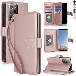 PU Leather Flip Wallet Design Phone Case with Wrist Strap, Phone Case with Card Slots, Stand Function Phone Cover for Samsung Galaxy Note 20 Ultra 10 Plus 9