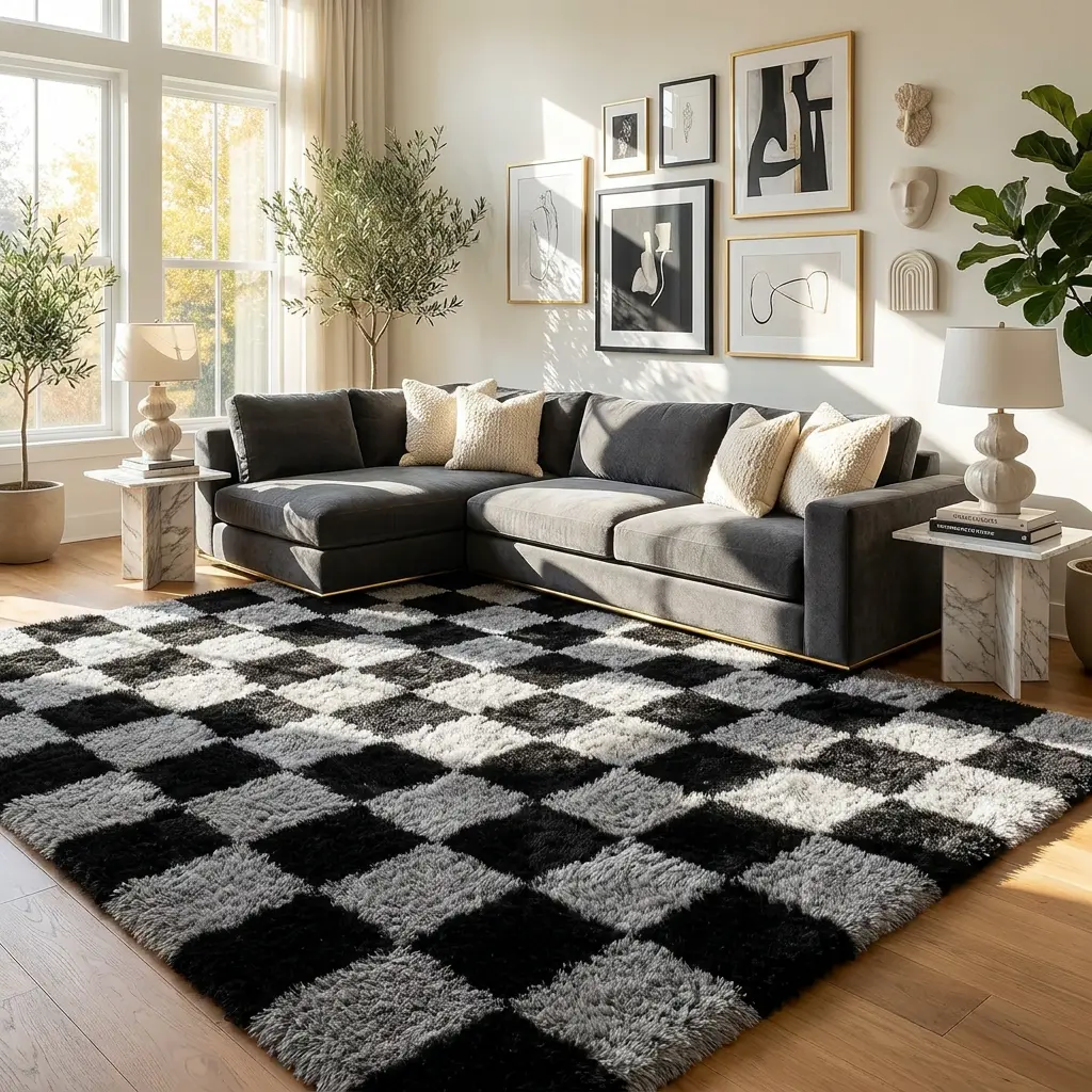 LUOGORT Black and Grey Checkered Soft Plush Area Rugs for Bedroom Living Room Large Fluffy Fuzzy Carpet Non Slip Backing Cozy Warm Mat For Hallway Dorm Apartment Laundry Decor Multiple Sizes