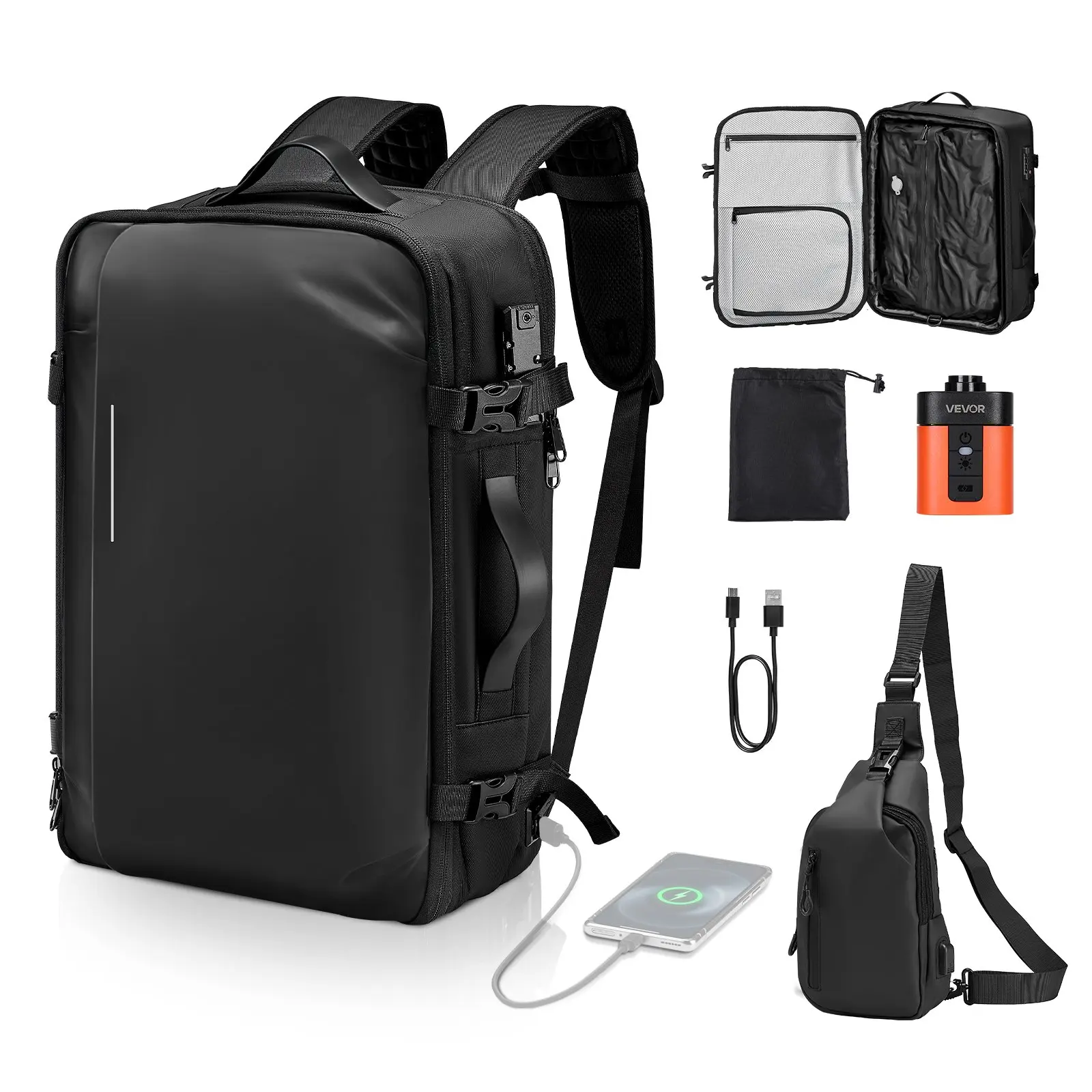 VEVOR Unisex 65L Expandable Vacuum Seal Compression Travel Backpack with Pump, TSA-Approved Lock, USB Port, Water-Resistant Airback Vacpack, Carry-On Luggage with Shoulder Straps for Business Adults, Black