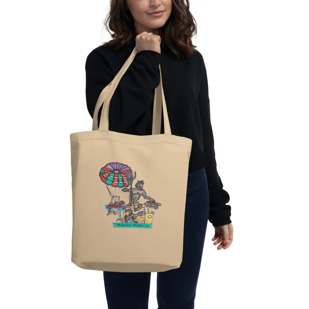 Men's Virginia Beach 100% Certified Organic Cotton Twill Tote Bag - 1 Size, Coastal Theme Hand-Drawn Illustration, Sketching, Soft Watercolors, Open Top with Shoulder Strap for Farmers Markets, Beach Trips