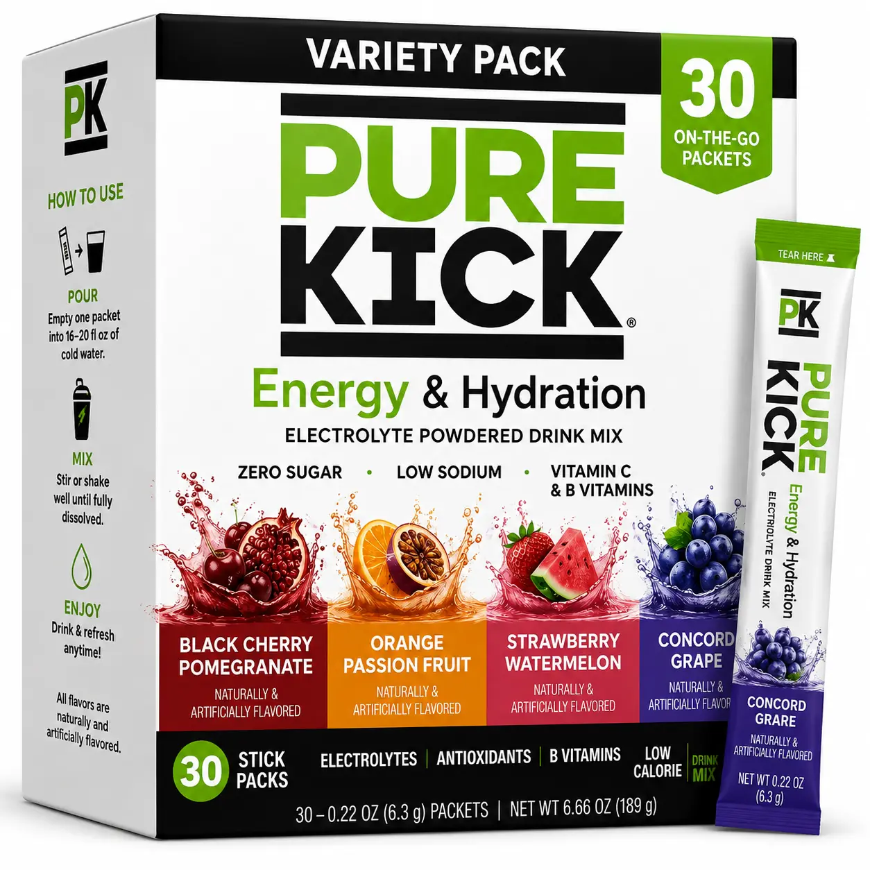 Pure Kick Energy & Hydration Electrolyte Powder Drink Mix Variety Pack, 30 Count Packets – 0 Sugar, Low Sodium
