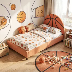 Kids Basketball Twin Bed Frame, Sport Style Upholstered Platform Bed with Headboard, Wood Slats Support, No Box Spring Needed, Bed for Boys & Girls toddler