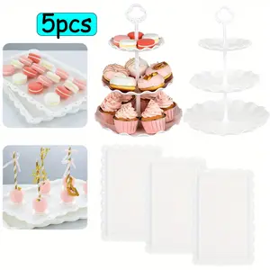 5Pcs Stacking Cupcake Stand Set - 2 White 3-Tier Cake Stands, 3 Plastic Serving Trays, Decorative Dessert Display Rack for Wedding & Party Decor