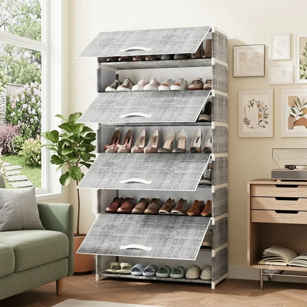 FIXWAL 9 Tier Shoe Rack With Dustproof Cover Shoe Shelf Storage, Portable Shoe Shelf With Nonwoven Fabric Cover For Closet Hallway, Bedroom, Entryway, Grey/ Black, Dorm Storage for Back to School