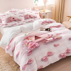 Sweet 3D Pink Bow & Heart Custom Print Duvet Cover Set, A-Z Letter Design, Soft Comfortable Skin-Friendly, Girls Room Decor, Includes 1 or 2 Pillowcases, Perfect Gift, Floral Bedding Sets