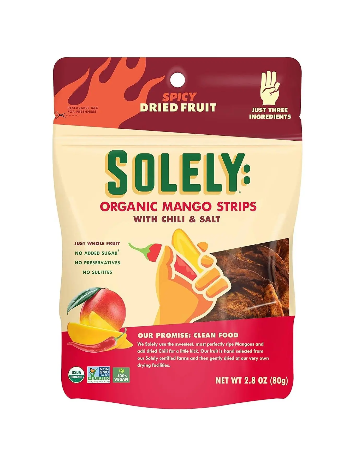 SOLELY Organic Dried Mango Strips with Chili and Salt, 2.8 oz | Three Ingredients Vegan Non-GMO No Added Sugar