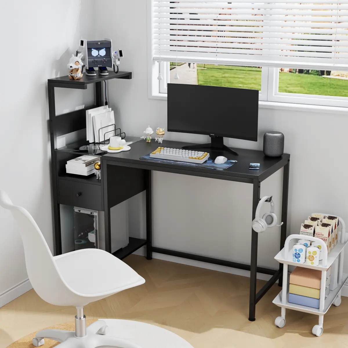 Sturdy Computer Desk with Power Outlet, USB Ports Charging Station & Storage Shelves - Reversible Gaming Desk, Home Office Corner Study Writing Workstation (Black)