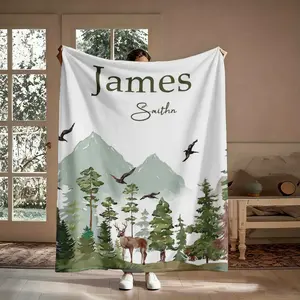 Personalized Forest Flannel Throw Blanket, Pine Trees Deer Birds Mountains Custom Name, Soft Cozy Warm, for Couch Bed Cabin, Gift for Nature Lovers Him, Birthday Christmas, Aesthetic Rustic Keepsake Decor(Message Remarks)