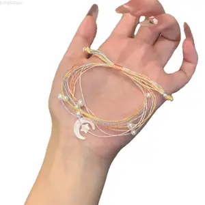 Multicolor Moon Star Braided String Bracelet, Dainty Pearl Woven Bracelet, Boho Spiritual Jewelry for Women For Daily Wear, Yoga, Meditation