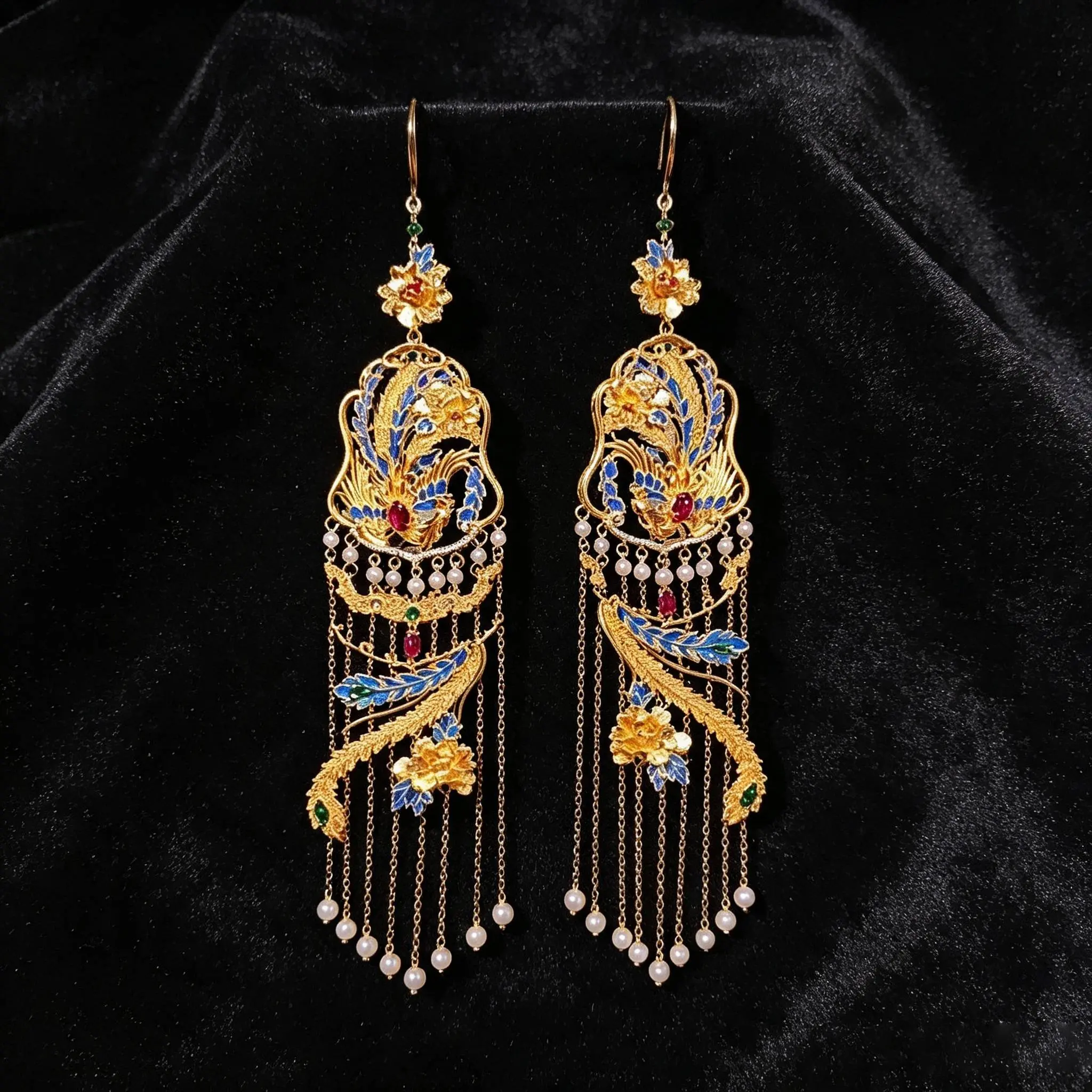 Elegant Gold and Blue Feather Design Earrings with Pearl Chains and Gemstone Accents for Special Occasions