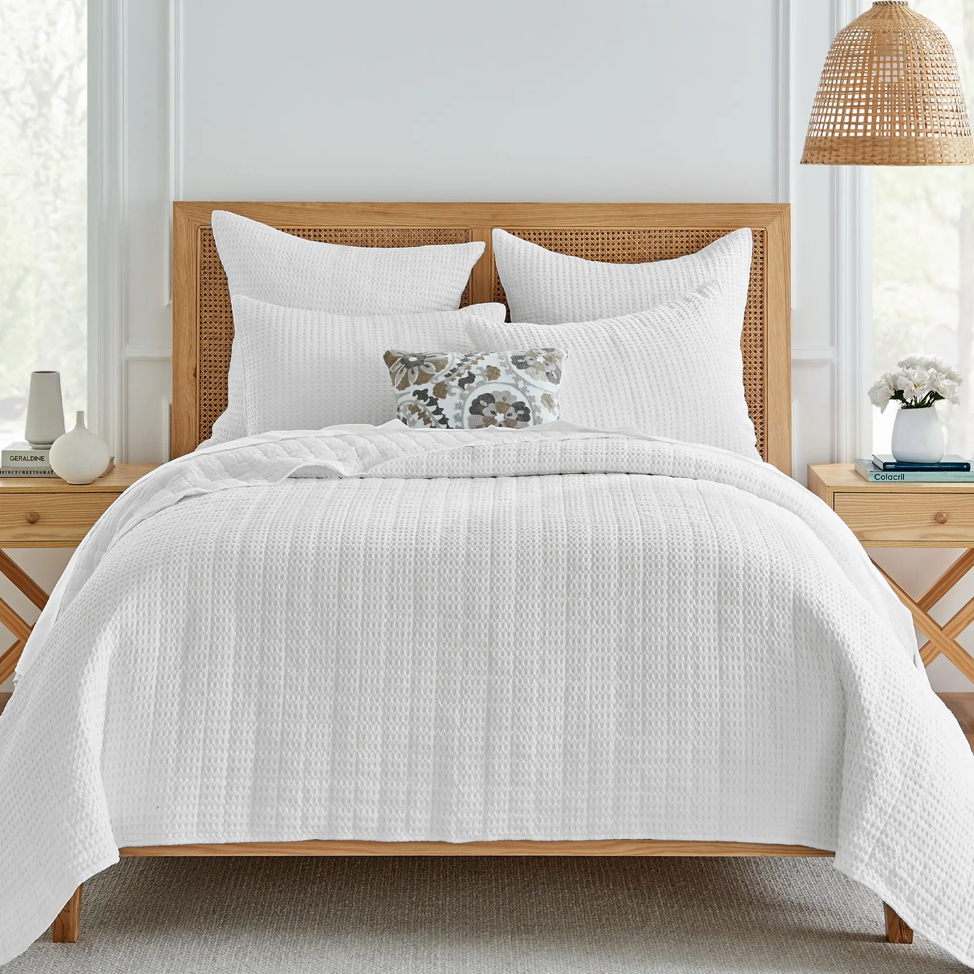 Levtex Home Mills Textured Bedding Set - Full/Queen Bright White Lightweight Breathable Cotton Waffle Weave All-Seasons Quilt, 88x92in Quilt & 2x26x20in Shams, Comfy Bedroom Decor