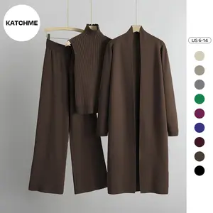 KatchMe Women's Classy Turtle Neck Tank Top & Wide Leg Trousers with Open-Front Long Cardigan Set, Fall & Winter Solid Color Three-Piece Set (US)