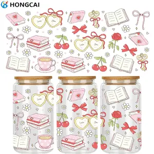 Valentine's Day Sweetheart Girl Style UV DTF Sticker, Fits 16 Oz Cup, Heart Book Cherry Floral Elements, Long-Lasting Soft Cute Pattern