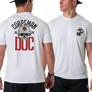 U.S. Navy Corpsman DOC T-Shirt, Skull Helmet Red Cross Design 2 Sides, White Military Medic Tribute Tee, Bold Veteran Pride Graphic Apparel for Men & Women, Summer Deals, Vacation Outfits
