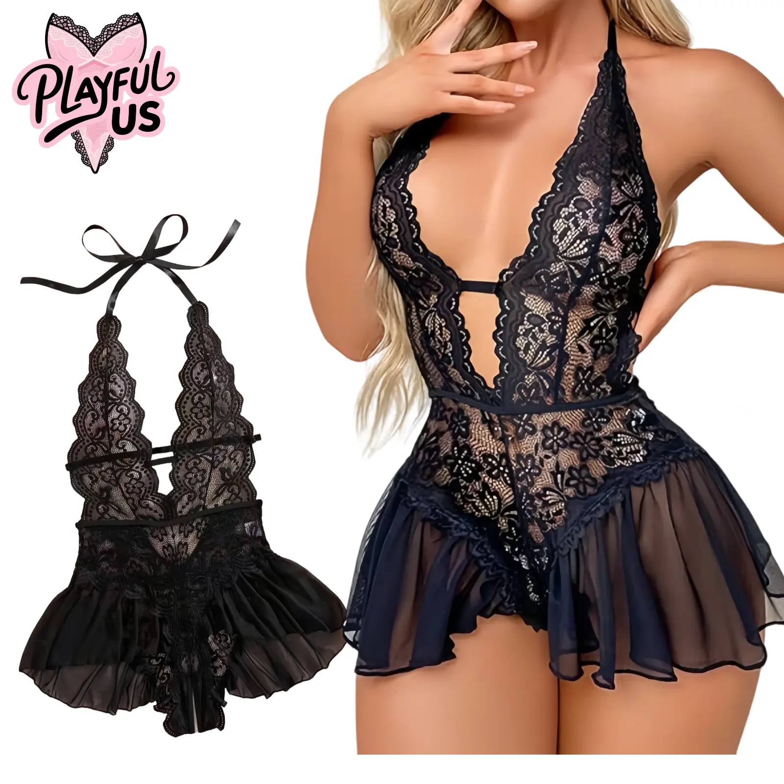 Women's 2-Piece Elegant Knit Lingerie Bodysuit Set - V-Neck, Open Front, Ruffle, Sheer Mesh Lace, Wireless Babydoll Dress with Thong, Lightweight Stretchy Breathable Year-Round Fabric, Slim Fit