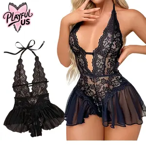 2 Piece Sexy Open Front Ruffle Sheer Mesh Lace Wireless Babydoll Lingerie Dress with Thong Womenswear Bodysuit Fabric Breathable Day Elegance
