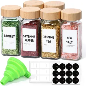 [New Deal] 4 oz 6Pcs Glass Spice Jars with Label, Empty Spice Containers with Bamboo Lids, Square Seasoning Containers Trial and Supplement Set, Small Seasoning Bottles for Salt, Herbs, Sugar, Pepper
